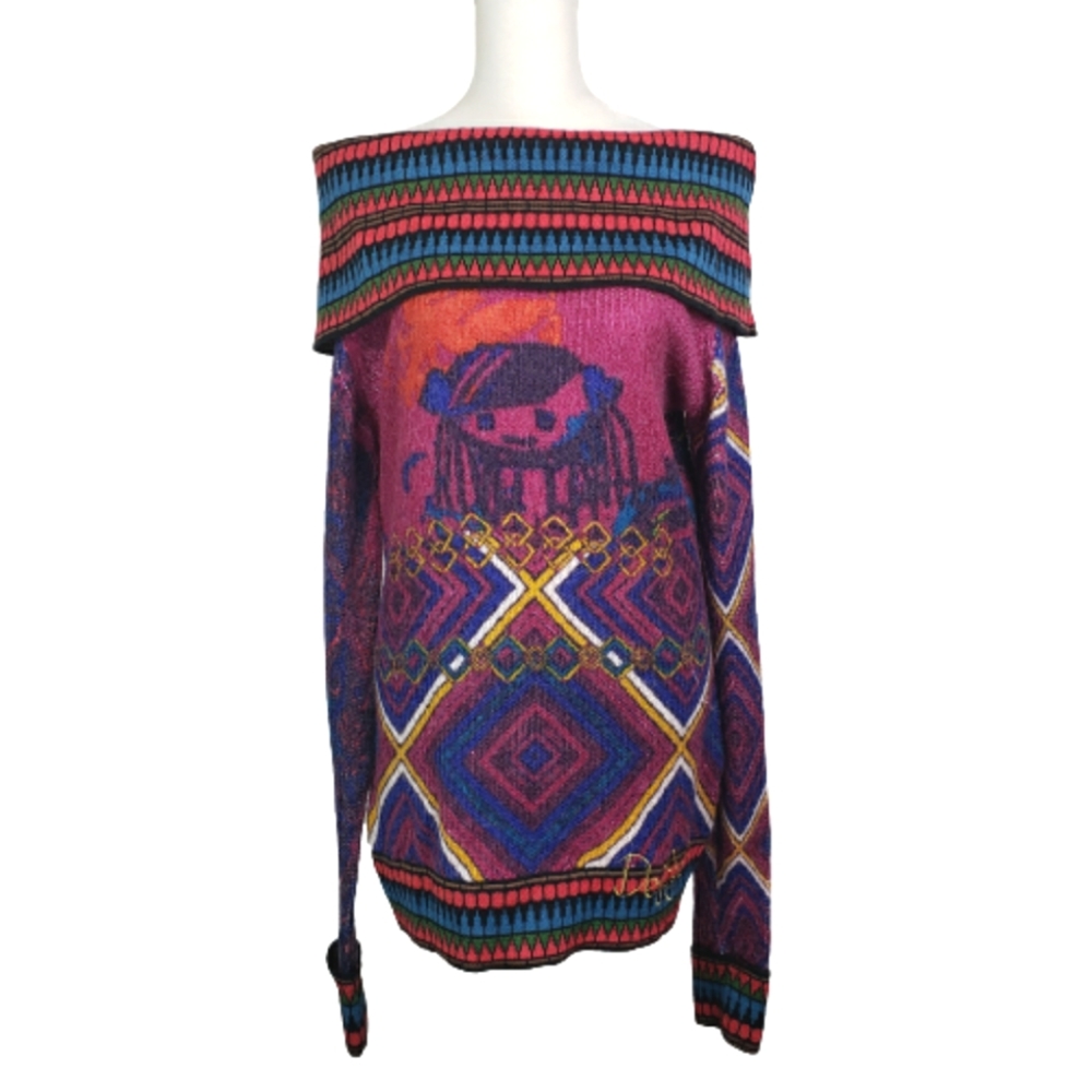 Desigual Rainbow off shoulder long sleeve sweater pink purple size XL